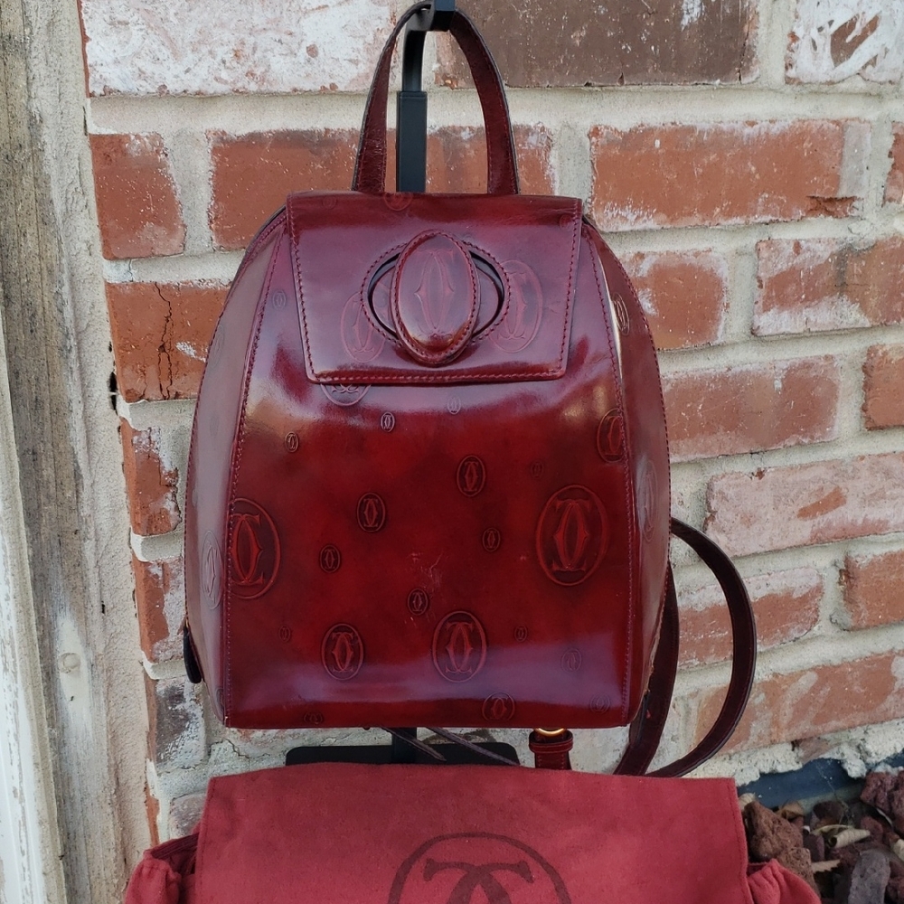 Vintage Cartier Happy Birthday Patent Leather Backpack Unisex Bordeaux Red